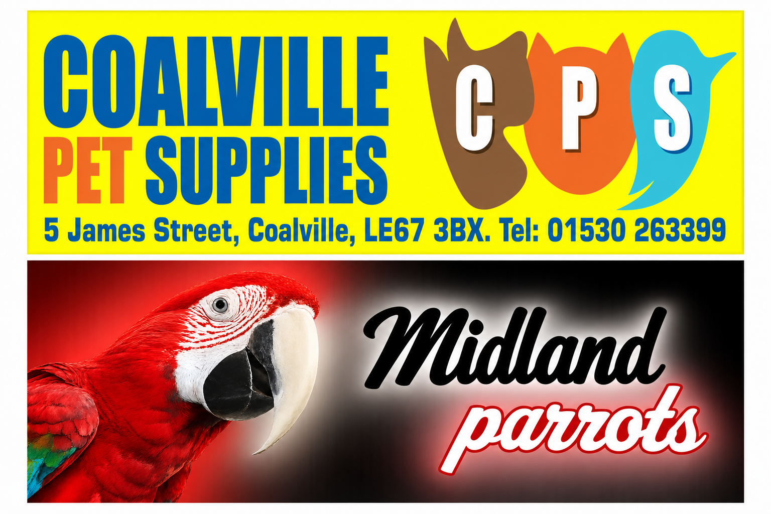Coalville Pet Supplies and Midland Parrots logos